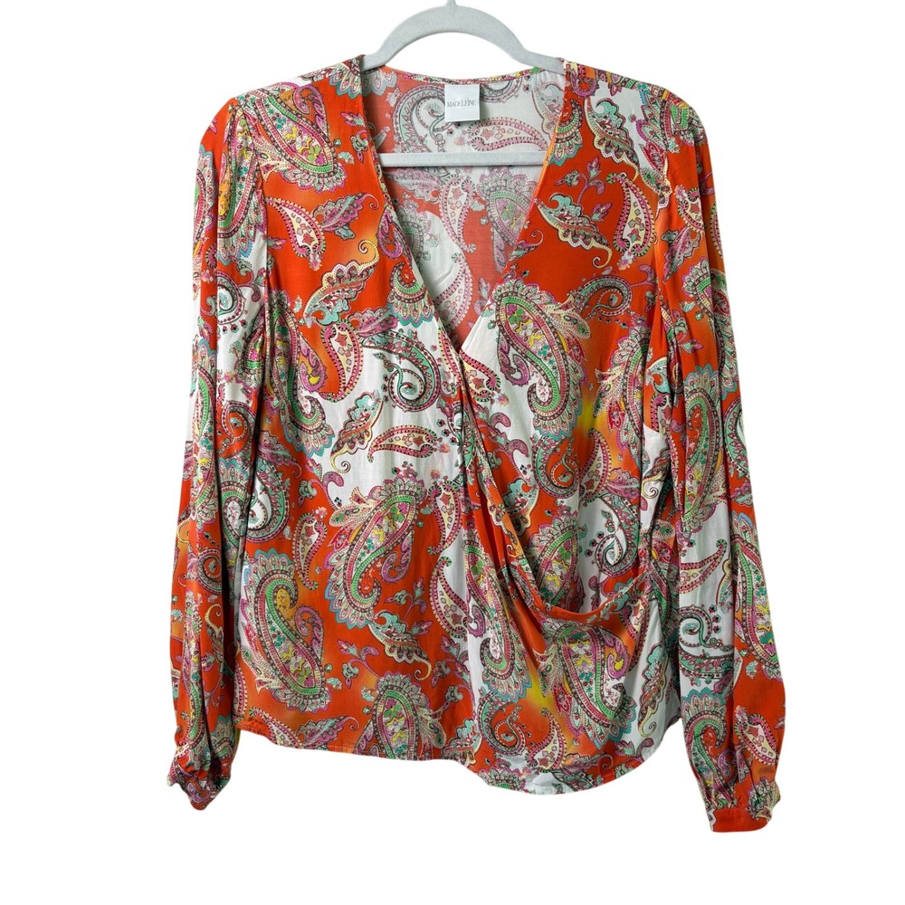 Madeleine Paisley Wrap Blouse Womens 10 Orange Multi Viscose Long Sleeve V-Neck